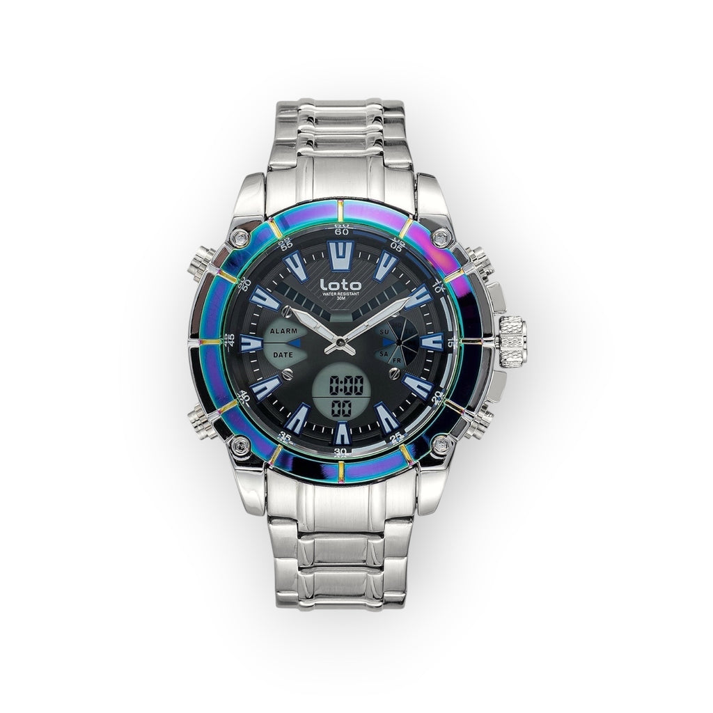 Reloj LOTO COMPANY STEALTH 2376 multifuncional de acero con bisel iridiscente y pantalla analógica-digital.