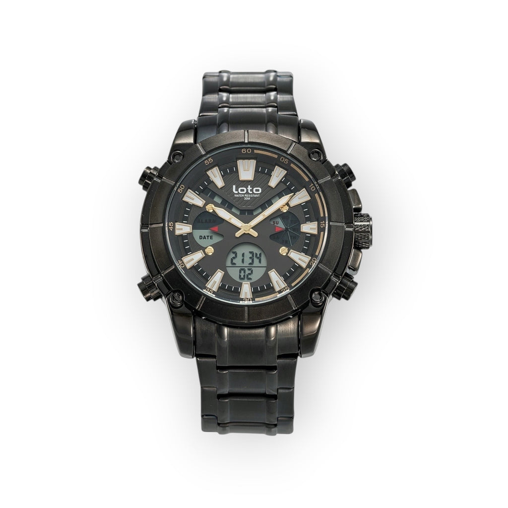 Reloj multifuncional LOTO COMPANY STEALTH de acero negro con pantalla dual analógica-digital y correa metálica.