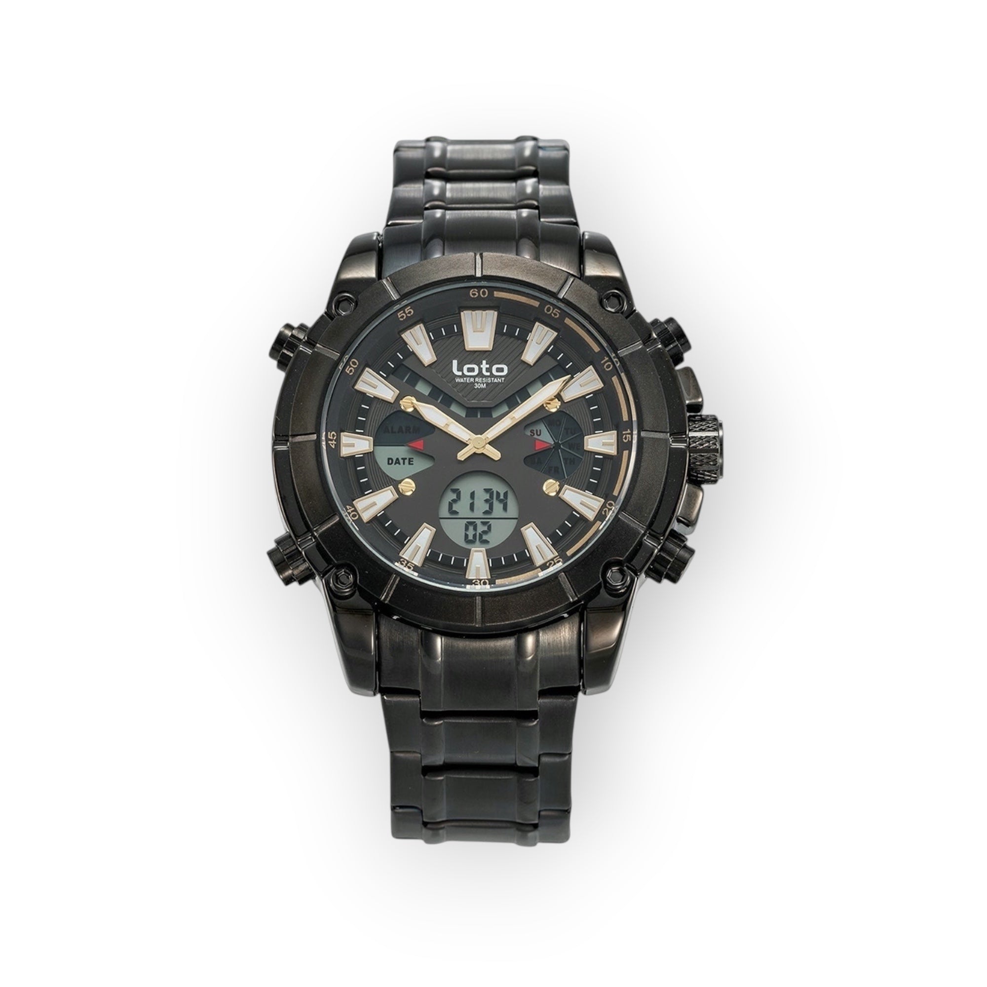 Reloj multifuncional LOTO COMPANY STEALTH de acero negro con pantalla dual analógica-digital y correa metálica.