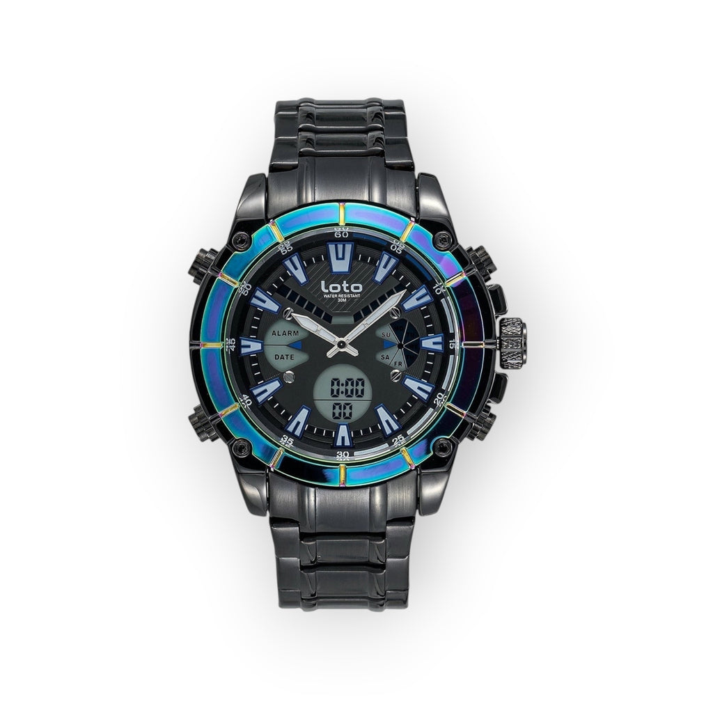 Reloj LOTO COMPANY Stealth multifuncional de acero negro con bisel iridiscente, pantalla analógica-digital y cronómetro