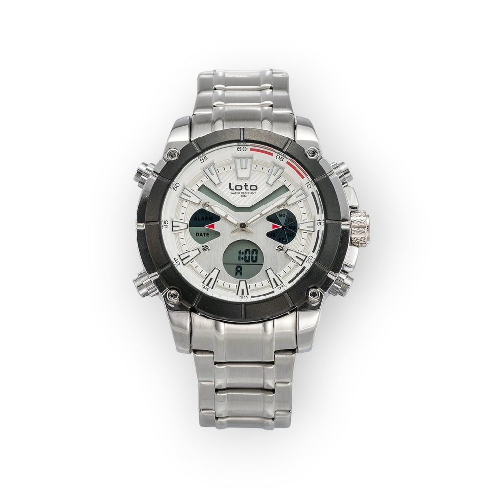 Reloj LOTO COMPANY STEALTH multifuncional de acero inoxidable con pantalla dual analógica-digital y correa metálica.