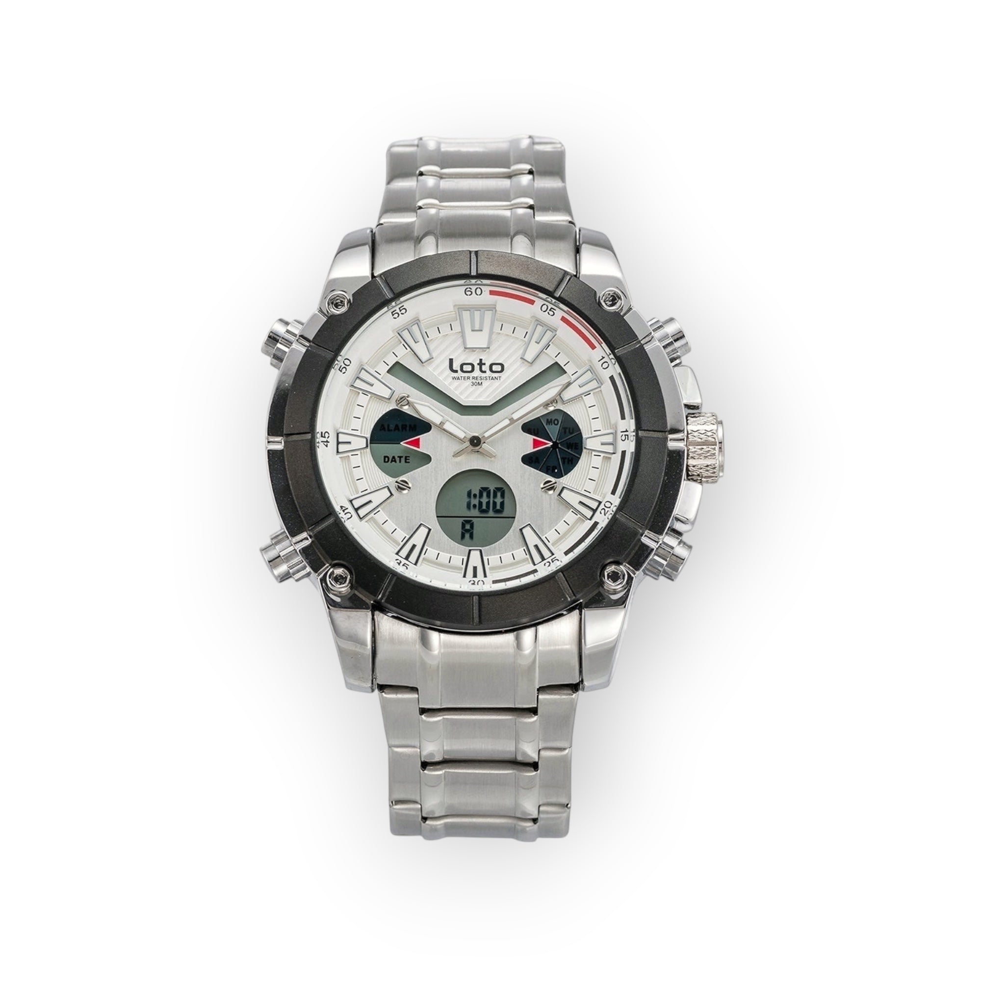 Reloj LOTO COMPANY STEALTH multifuncional de acero inoxidable con pantalla dual analógica-digital y correa metálica.
