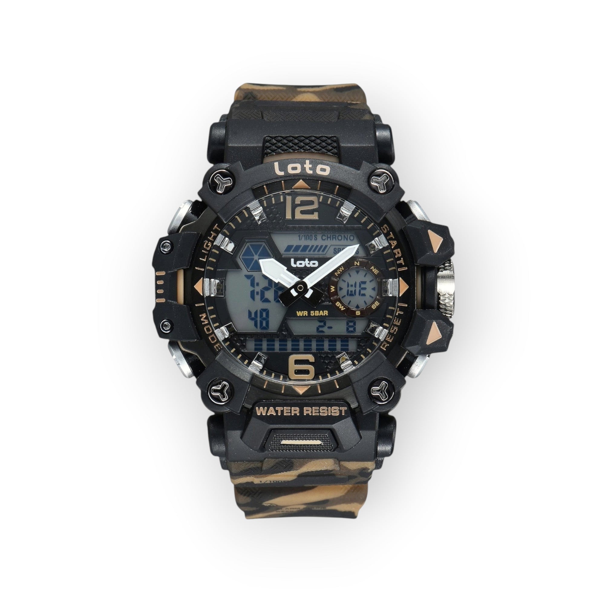 Reloj deportivo LOTO COMPANY KRYTON 2571 con pantalla híbrida, caja robusta y correa de camuflaje resistente al agua