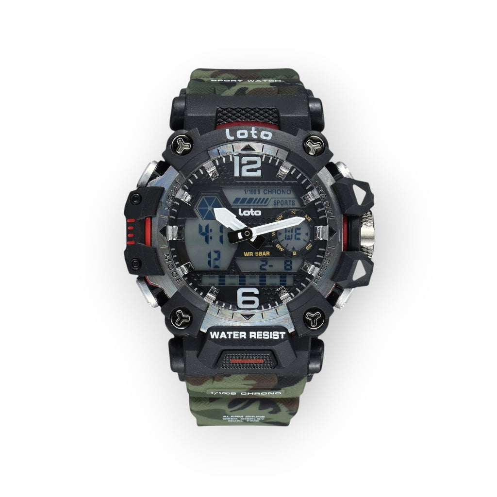 Reloj deportivo LOTO COMPANY KRYTON 2571 con pantalla híbrida, correa de camuflaje y diseño táctico resistente.