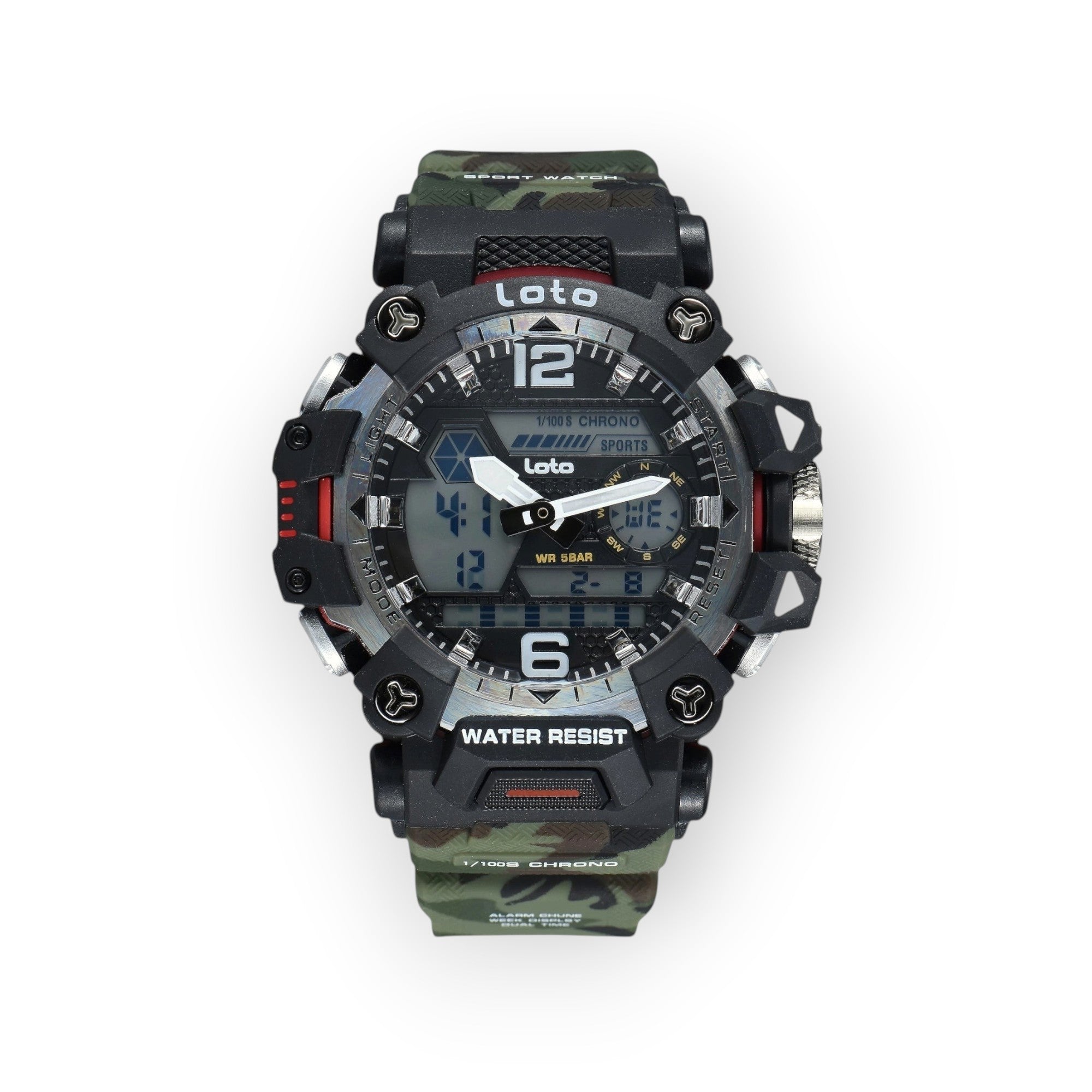 Reloj deportivo LOTO COMPANY KRYTON 2571 con pantalla híbrida, correa de camuflaje y diseño táctico resistente.