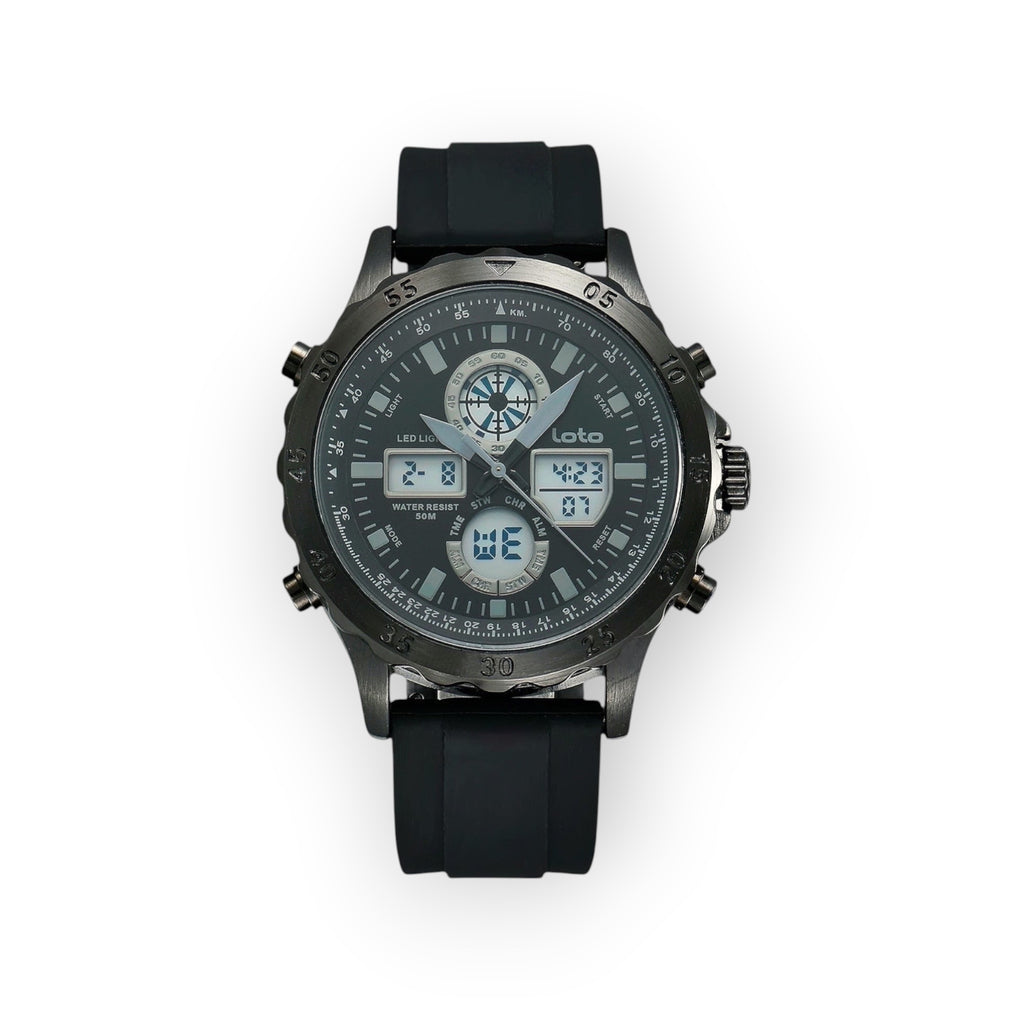 Reloj táctico LOTO COMPANY STROM / 2548 analógico-digital negro con correa de silicona y diseño industrial robusto.