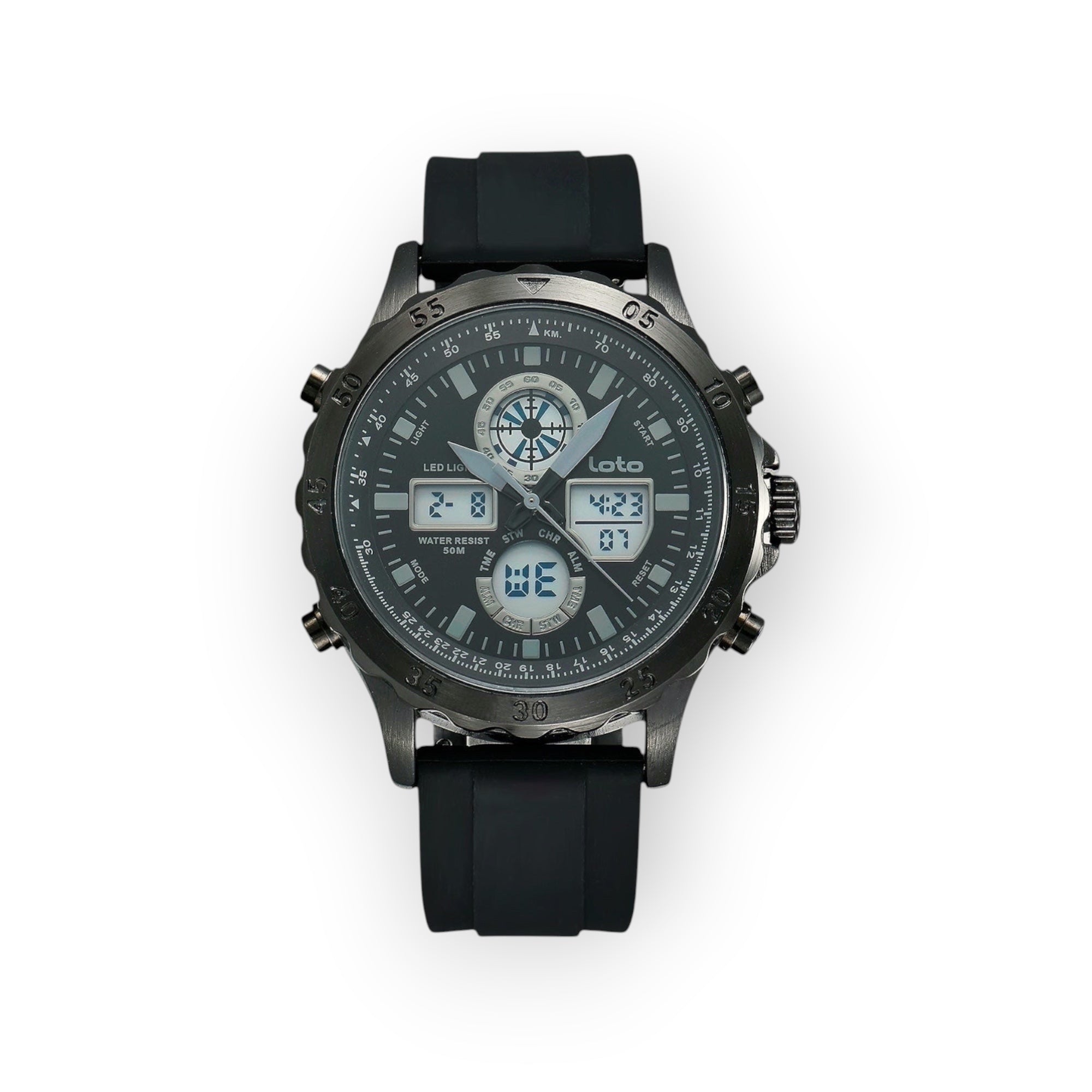 Reloj táctico LOTO COMPANY STROM / 2548 analógico-digital negro con correa de silicona y diseño industrial robusto.