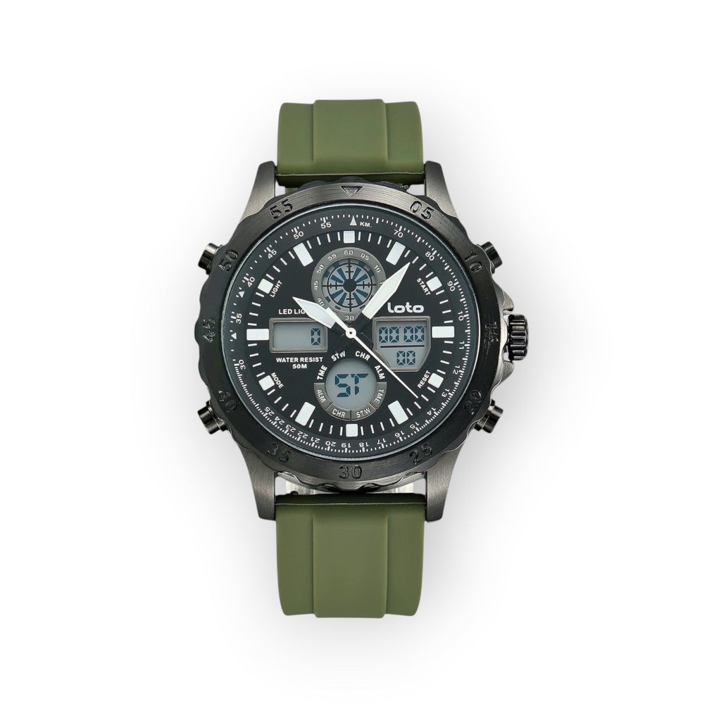 Reloj táctico LOTO COMPANY STROM 2548 híbrido analógico-digital con correa de silicona verde oliva y caja oscura.