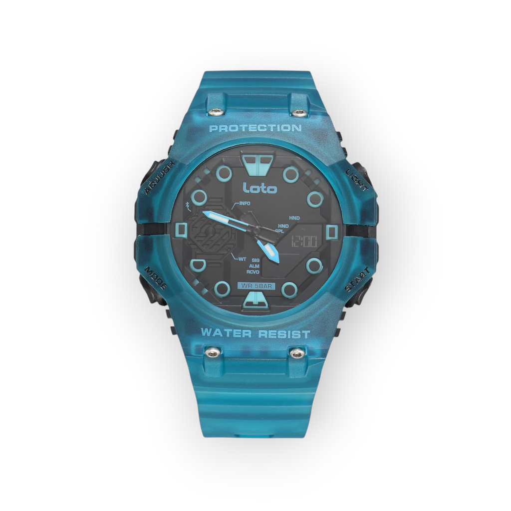 Reloj deportivo LOTO COMPANY Talvor 2583 de resina azul translúcida con pantalla analógica y digital resistente