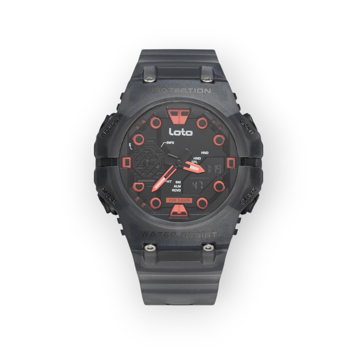 Reloj digital LOTO COMPANY Talvor 2583 negro con detalles en rojo, diseño deportivo resistente al agua