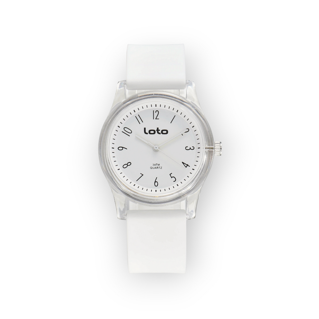Reloj LOTO COMPANY Tavrion 2600 con correa de silicona blanca, esfera minimalista y caja transparente