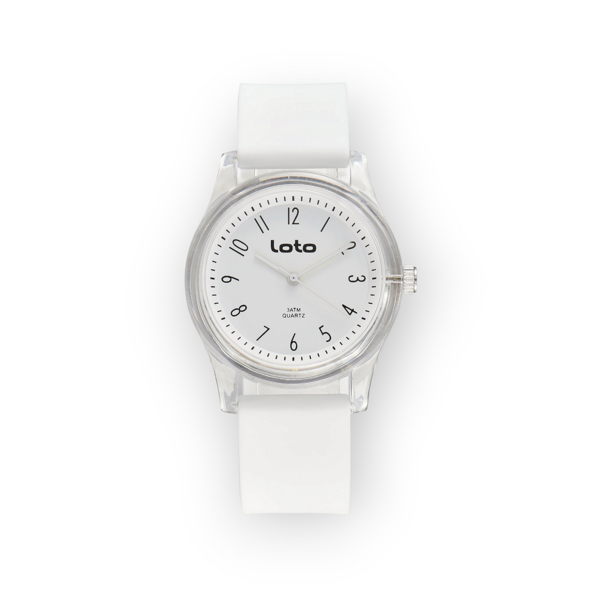 Reloj LOTO COMPANY Tavrion 2600 con correa de silicona blanca, esfera minimalista y caja transparente
