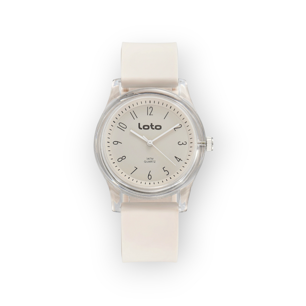 Reloj LOTO COMPANY Tavrion 2600 con correa de silicona color crema y caja transparente de diseño minimalista