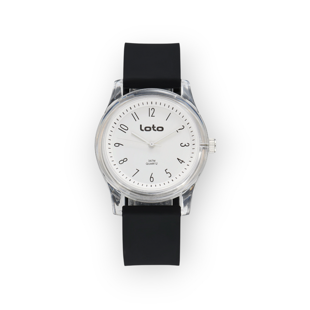 Reloj LOTO COMPANY Tavrion 2600 con esfera blanca, caja transparente y correa de silicona negra