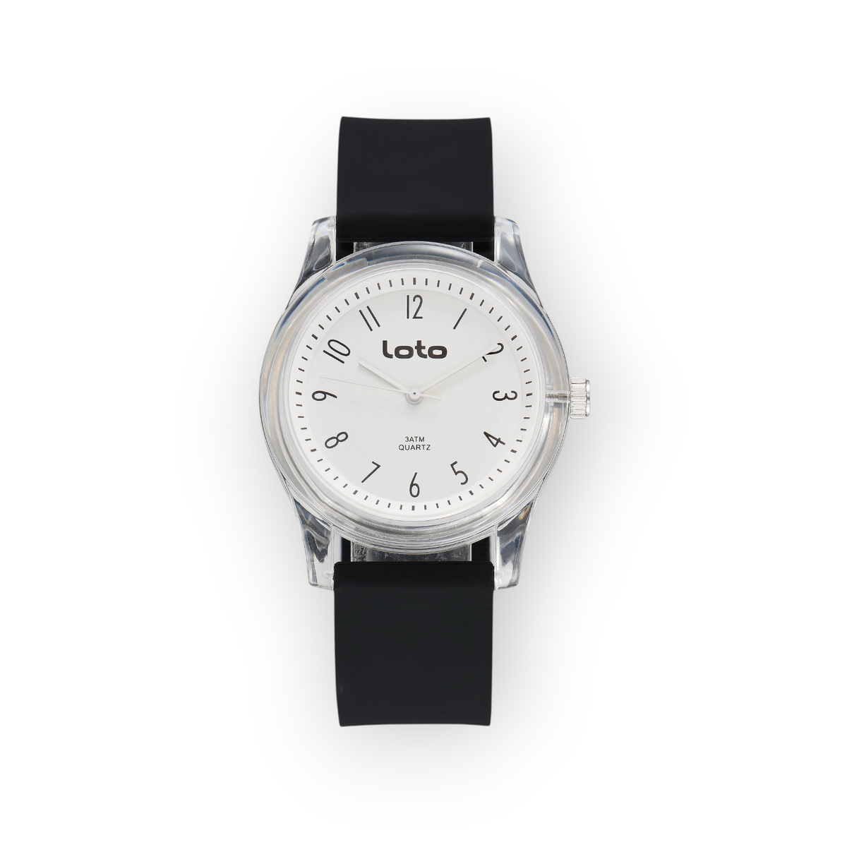Reloj LOTO COMPANY Tavrion 2600 con esfera blanca, caja transparente y correa de silicona negra