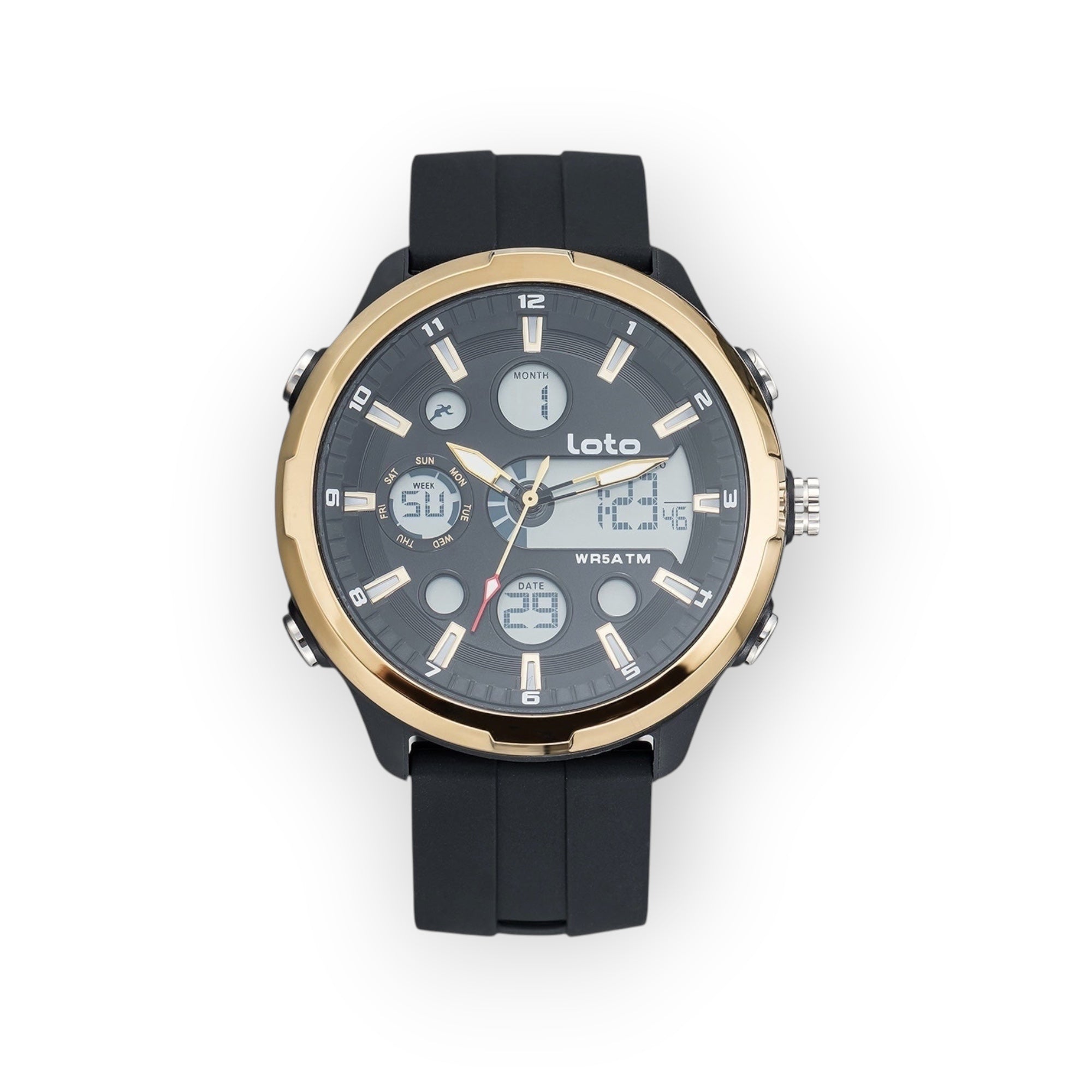 Reloj LOTO COMPANY TECH / 2517 analógico-digital con caja dorada y correa de silicona negra. Esfera gris con detalles luminosos y pantalla digital.