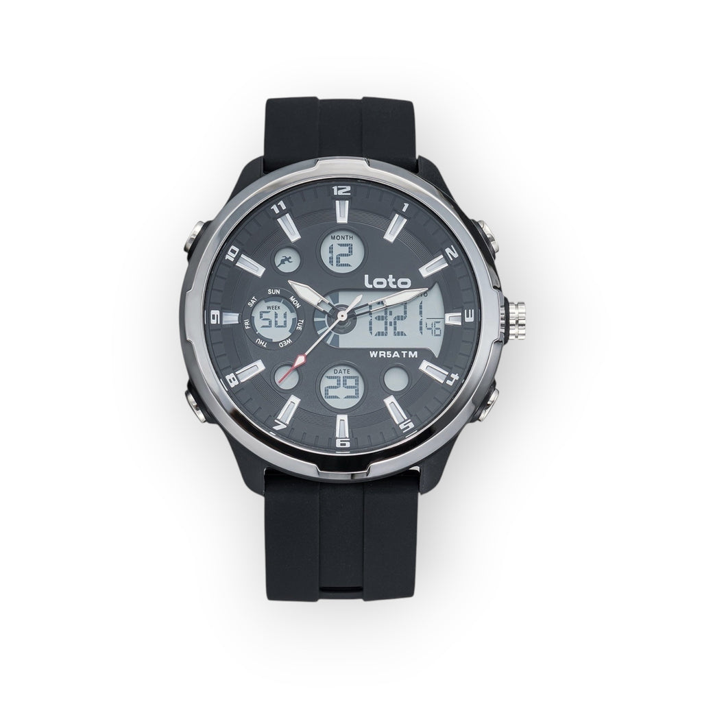 Reloj LOTO COMPANY TECH / 2517 analógico-digital con correa de silicona negra y esfera gris con detalles plateados.