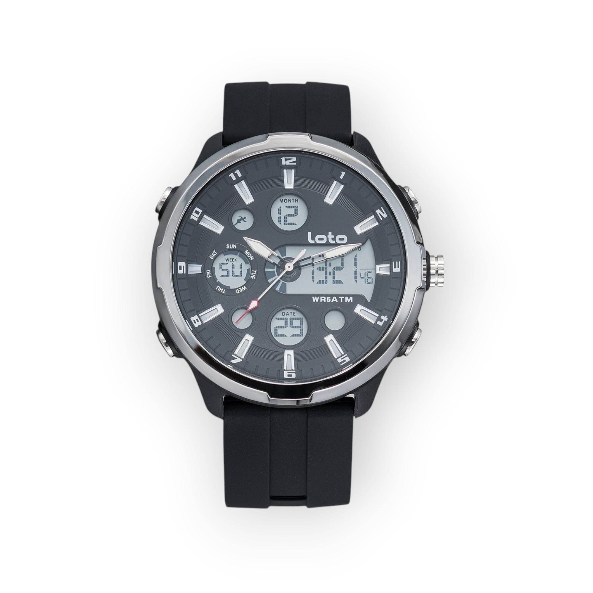 Reloj LOTO COMPANY TECH / 2517 analógico-digital con correa de silicona negra y esfera gris con detalles plateados.