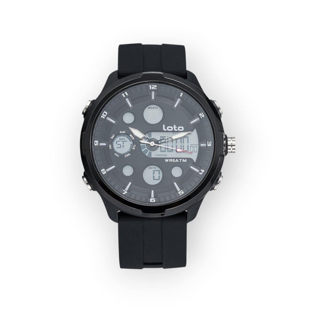 Reloj LOTO COMPANY TECH / 2517 analógico-digital negro con correa de silicona. Resistente al agua 5 ATM.