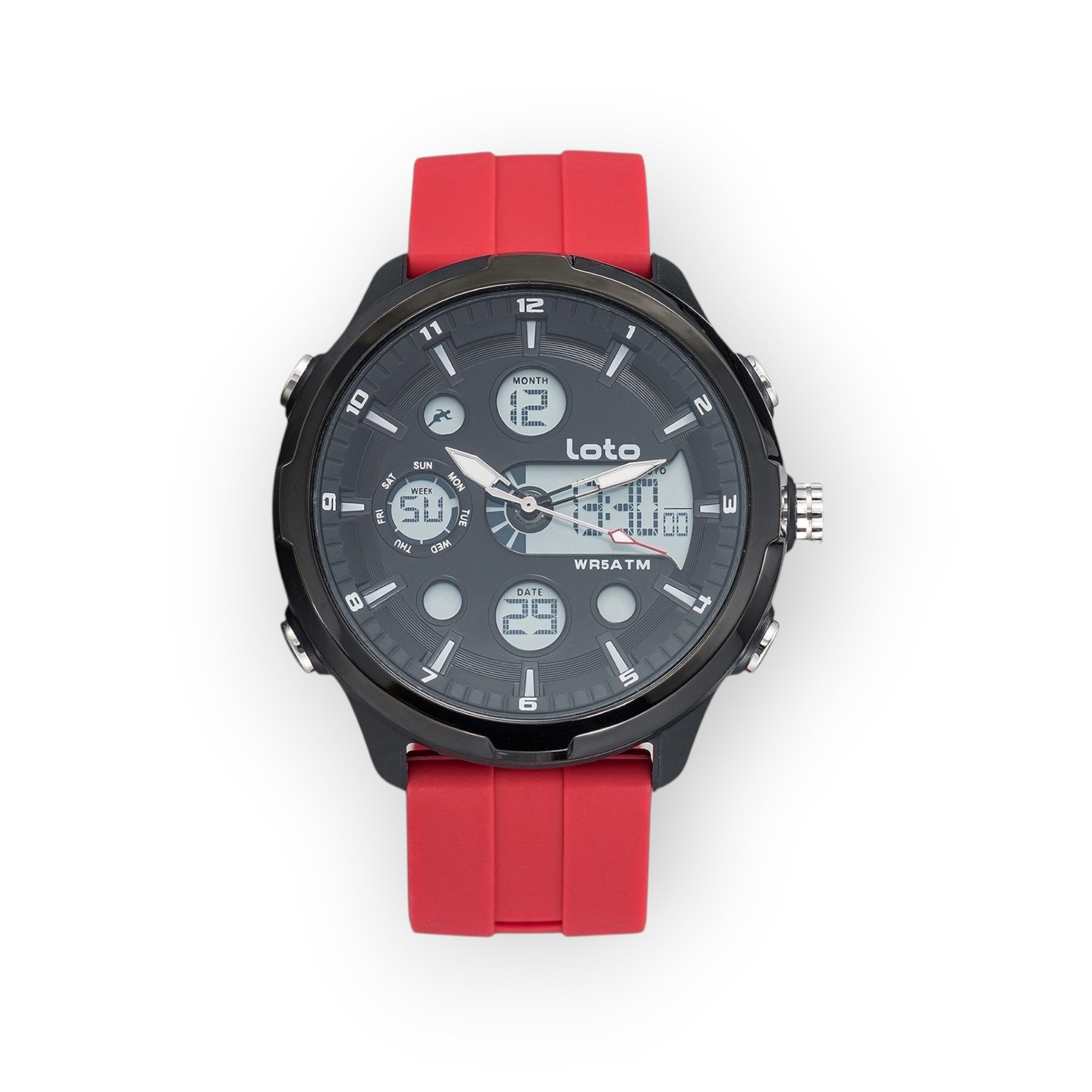 Reloj LOTO COMPANY TECH / 2517 analógico-digital con correa de silicona roja y caja negra. Resistente al agua 5 ATM.
