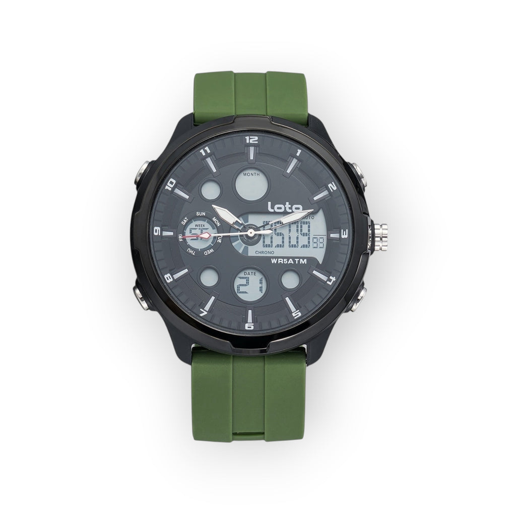 Reloj LOTO COMPANY TECH / 2517 analógico-digital con correa verde militar y esfera negra. Resistente al agua 5 ATM.