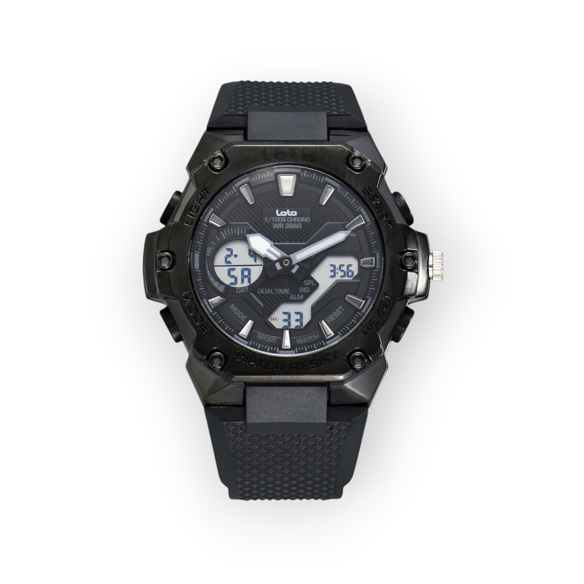 Reloj deportivo LOTO COMPANY TITANIX 2575 analógico-digital negro con correa de silicona texturizada y diseño robusto.