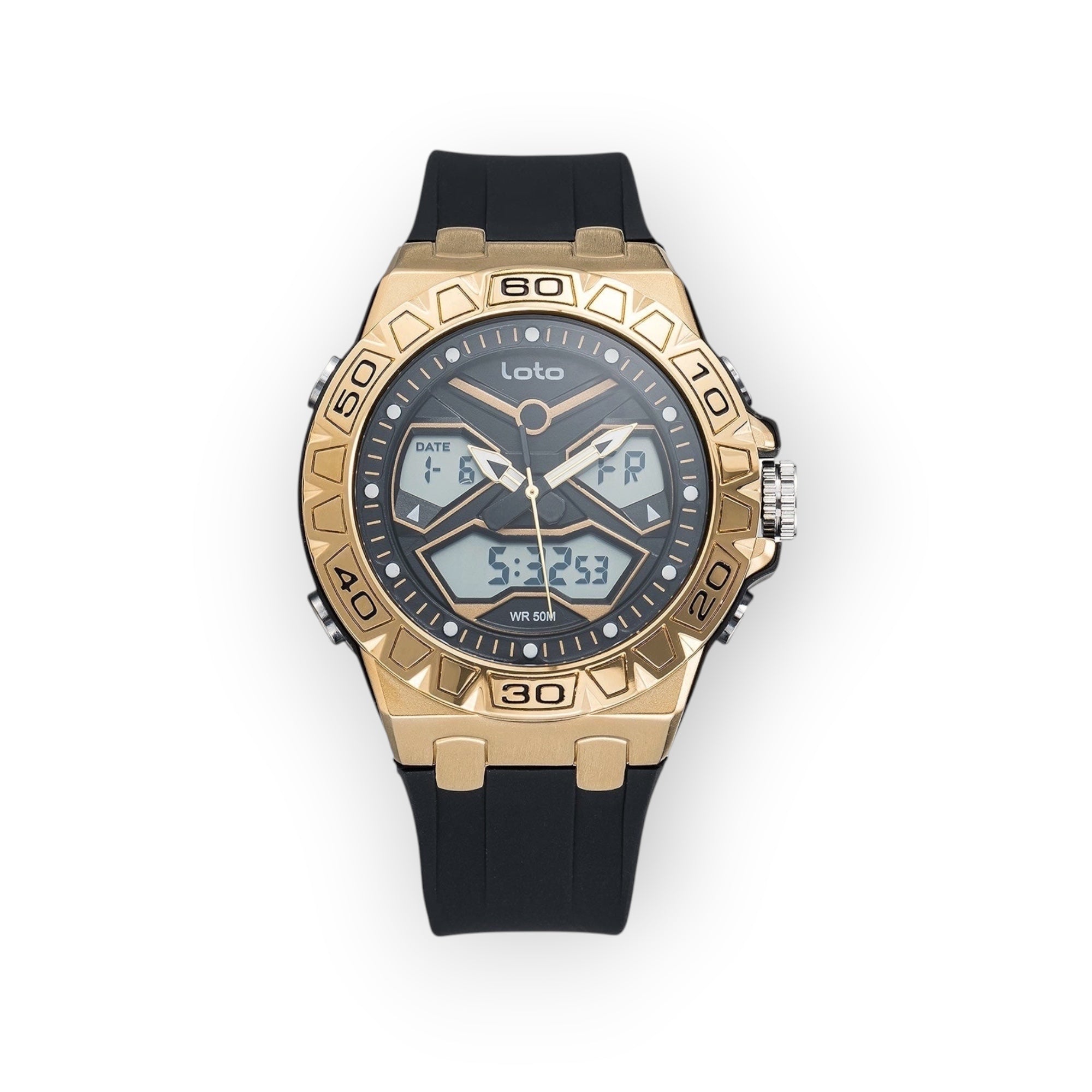Reloj LOTO COMPANY TRAIL 2520 analógico-digital con bisel dorado, esfera negra y correa de silicona negra resistente.