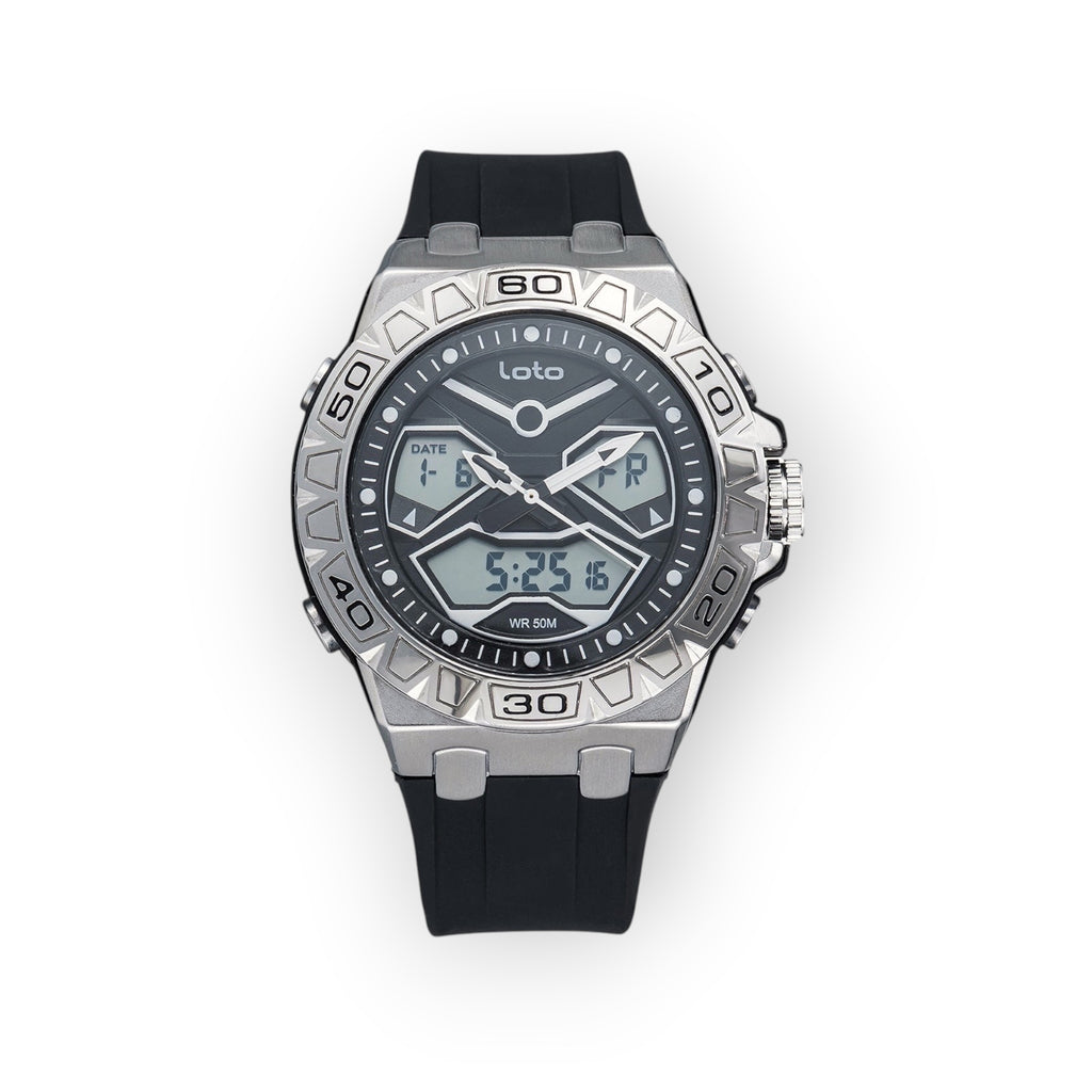 Reloj LOTO COMPANY TRAIL 2520 analógico-digital con bisel metálico, esfera negra y correa de silicona negra.