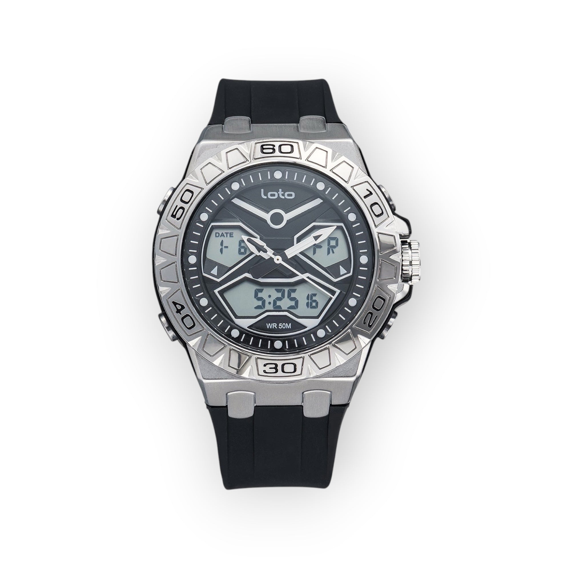 Reloj LOTO COMPANY TRAIL 2520 analógico-digital con bisel metálico, esfera negra y correa de silicona negra.