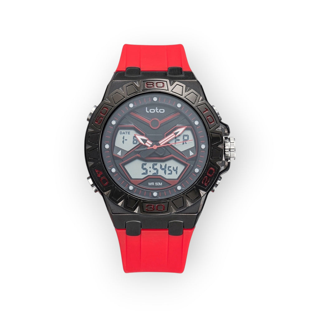 Reloj deportivo LOTO COMPANY TRAIL 2520 analógico-digital con correa de silicona roja y bisel negro resistente 50M.