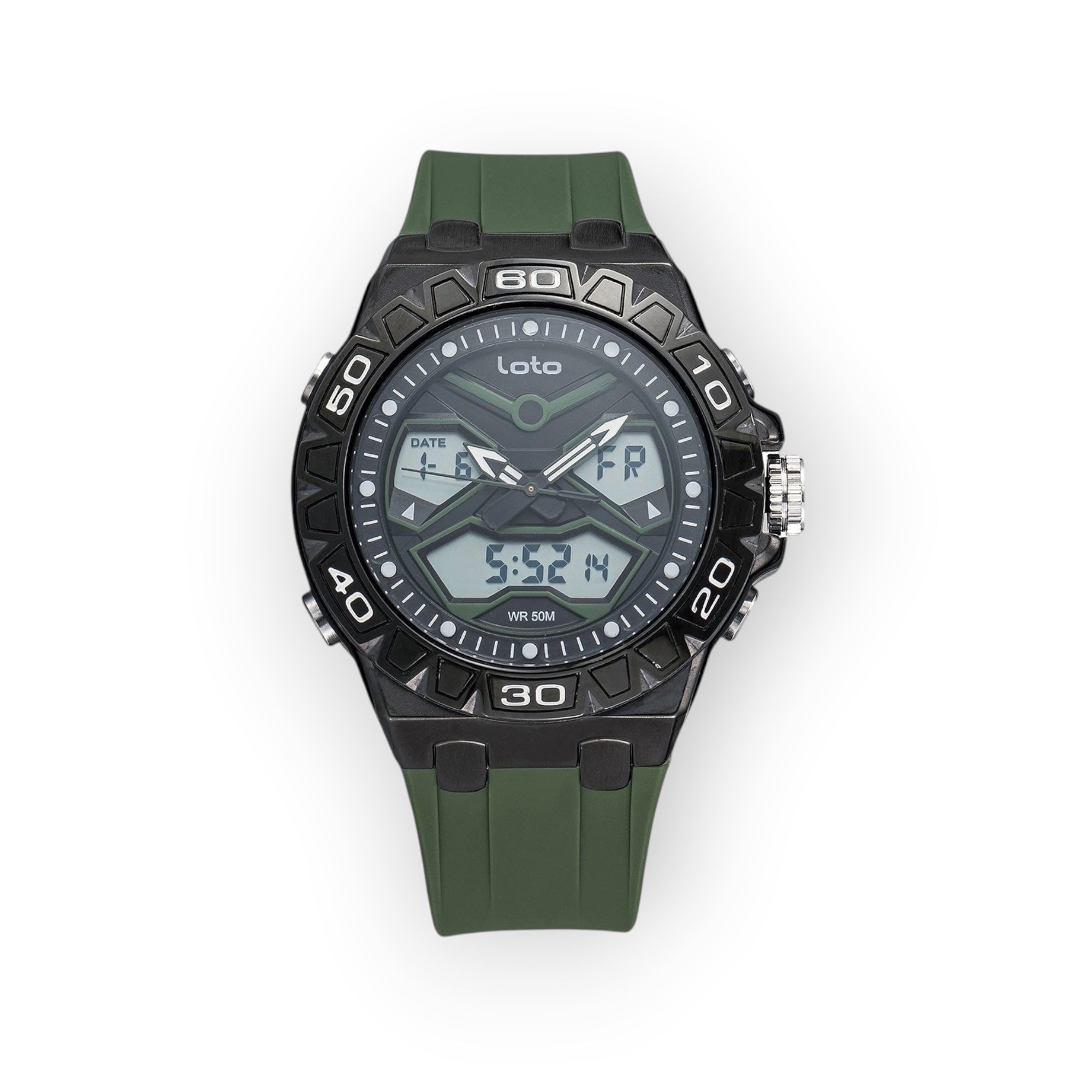 Reloj deportivo LOTO COMPANY TRAIL 2520 analógico-digital verde con correa de silicona y bisel negro resistente
