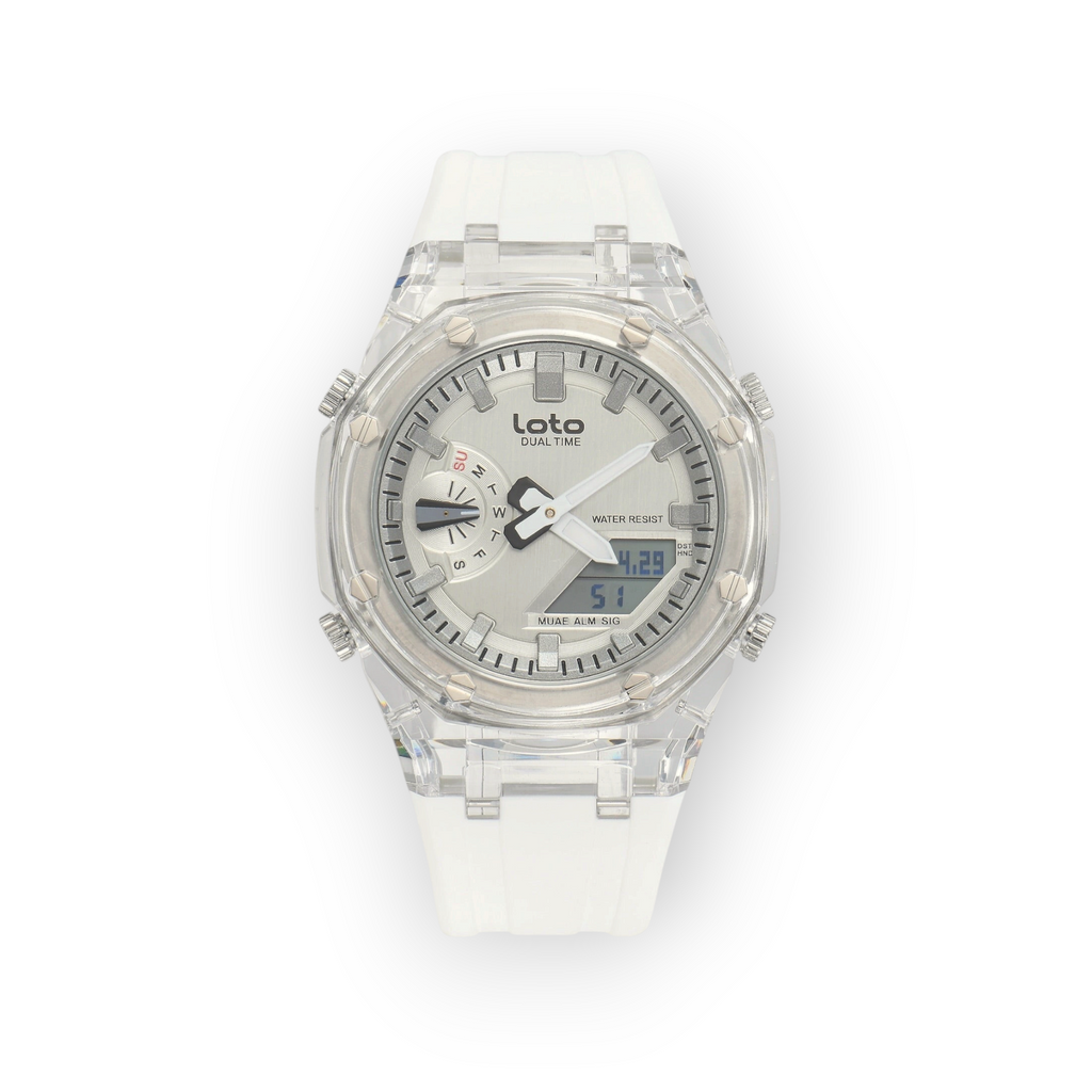 Reloj LOTO COMPANY Orvexa 2582 con caja transparente, correa de silicona blanca y pantalla digital dual time