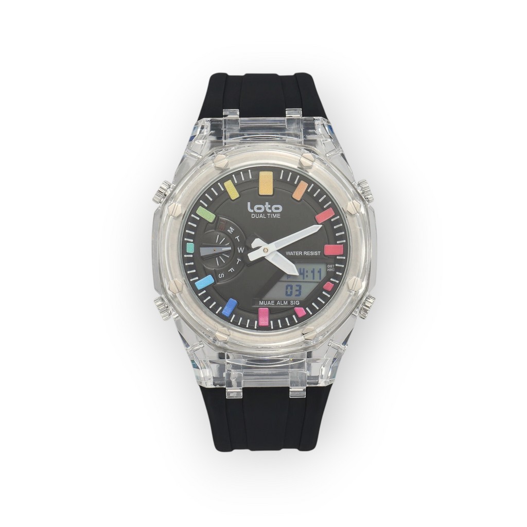 Reloj LOTO COMPANY Orvexa 2582 con caja transparente, correa de silicona negra y esfera digital con detalles coloridos