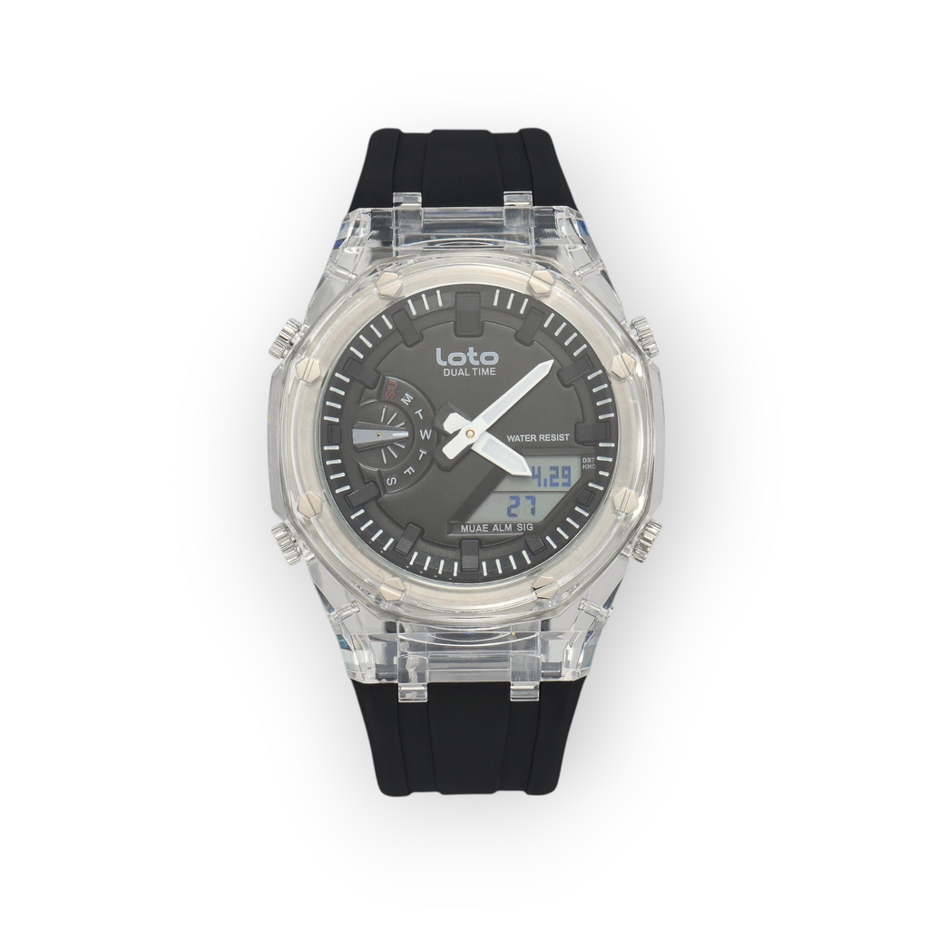 Reloj LOTO COMPANY Orvexa 2582 con caja transparente, esfera gris y correa de silicona negra estilo deportivo