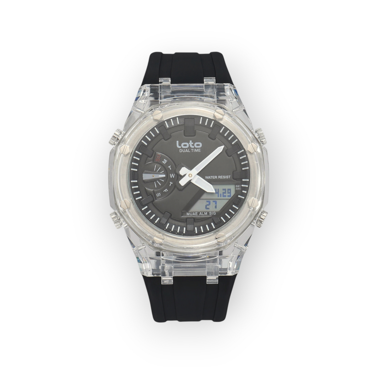 Reloj LOTO COMPANY Orvexa 2582 con caja transparente, esfera gris y correa de silicona negra estilo deportivo
