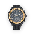 Reloj deportivo LOTO COMPANY TRIKE 2521 con pantalla híbrida, bisel dorado y correa de silicona negra resistente.