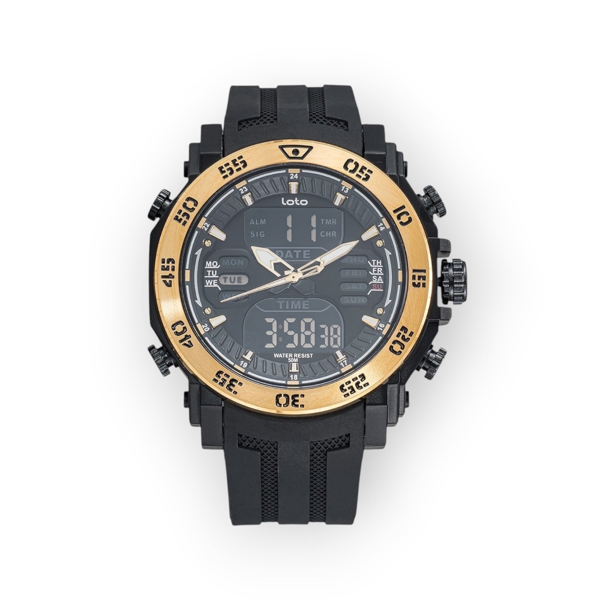 Reloj deportivo LOTO COMPANY TRIKE 2521 con pantalla híbrida, bisel dorado y correa de silicona negra resistente.