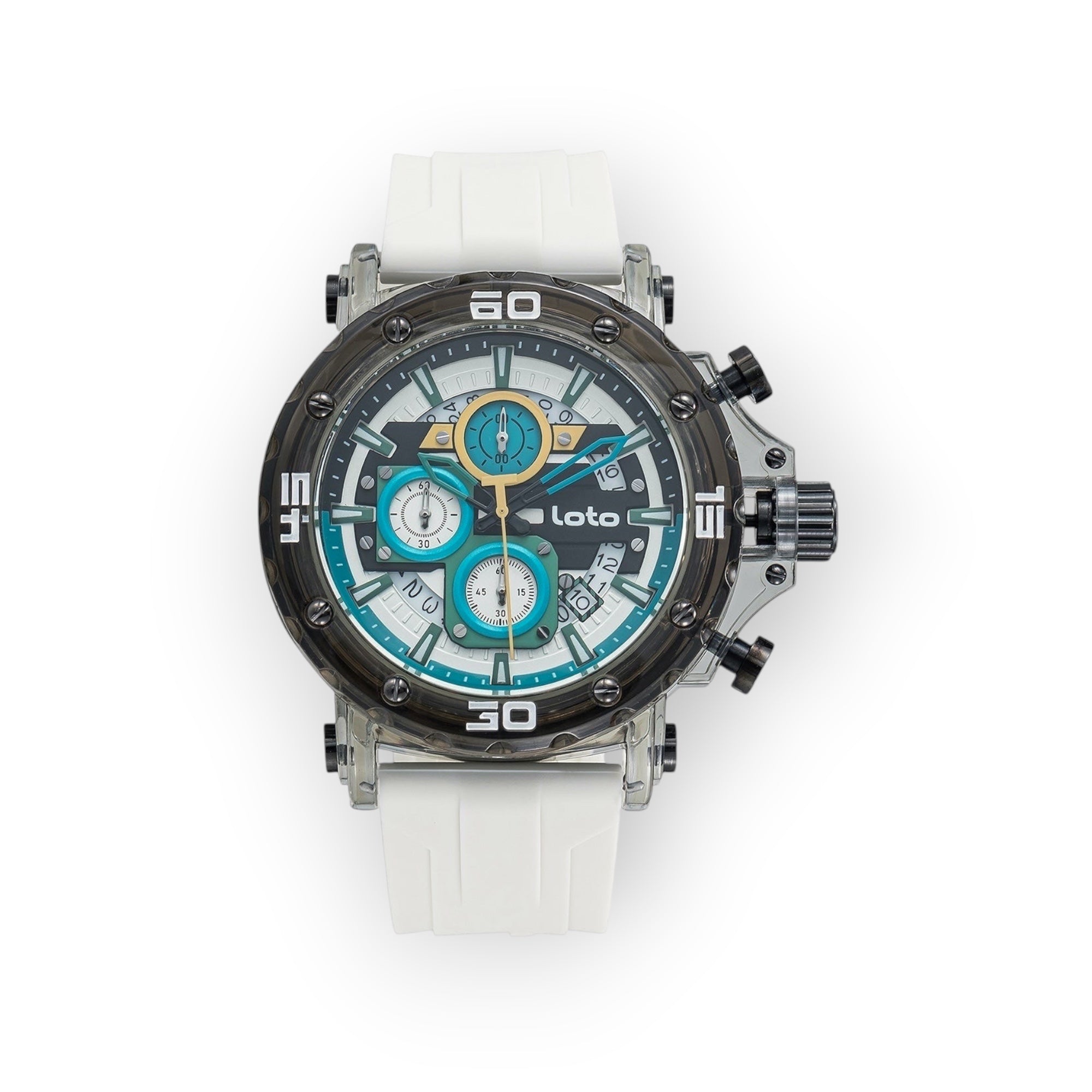 Reloj cronógrafo LOTO COMPANY VANGUARD 2523 con correa de silicona blanca, esfera técnica multicolor y caja robusta.