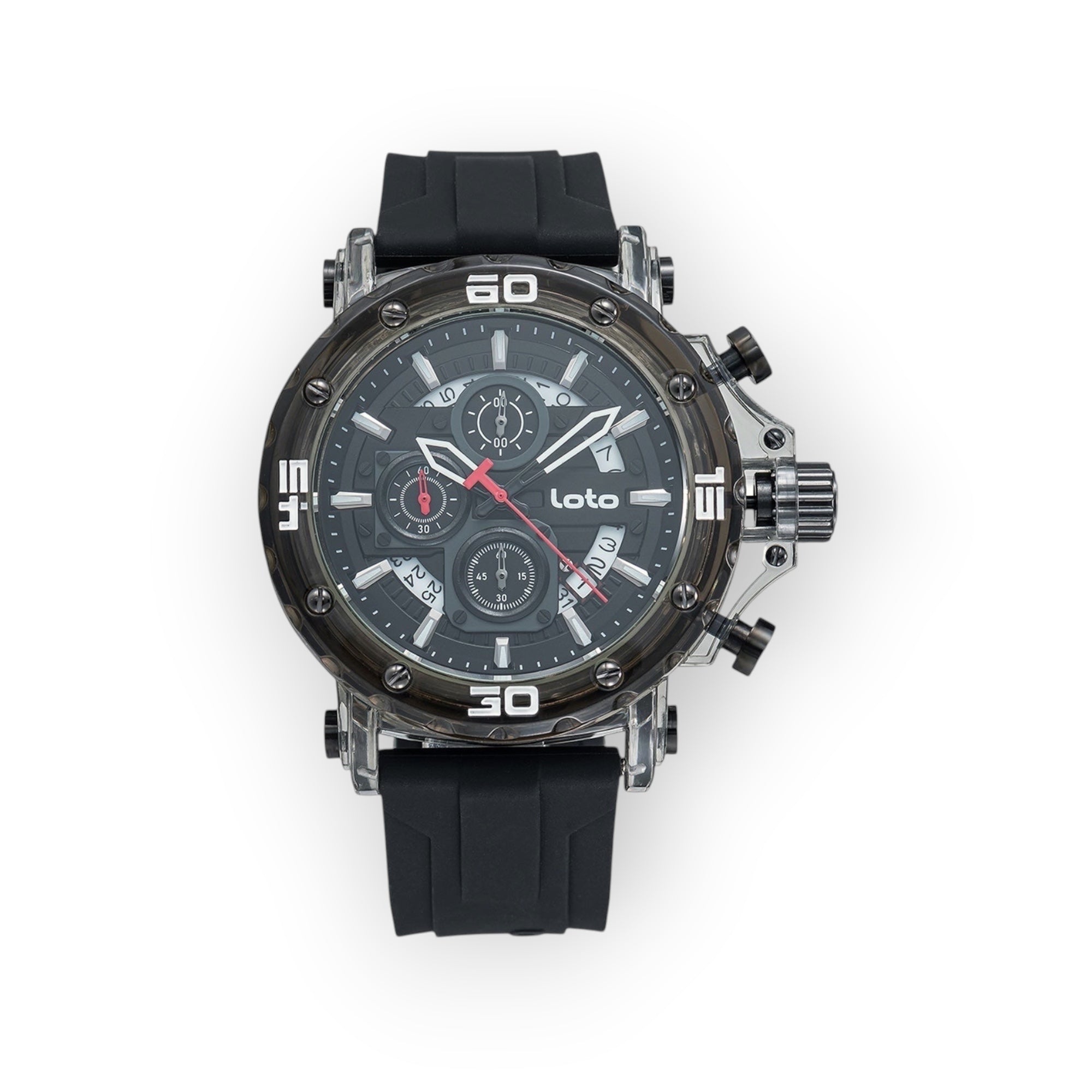 Reloj cronógrafo LOTO COMPANY VANGUARD 2523 negro con caja industrial, esfera detallada y correa de silicona resistente.