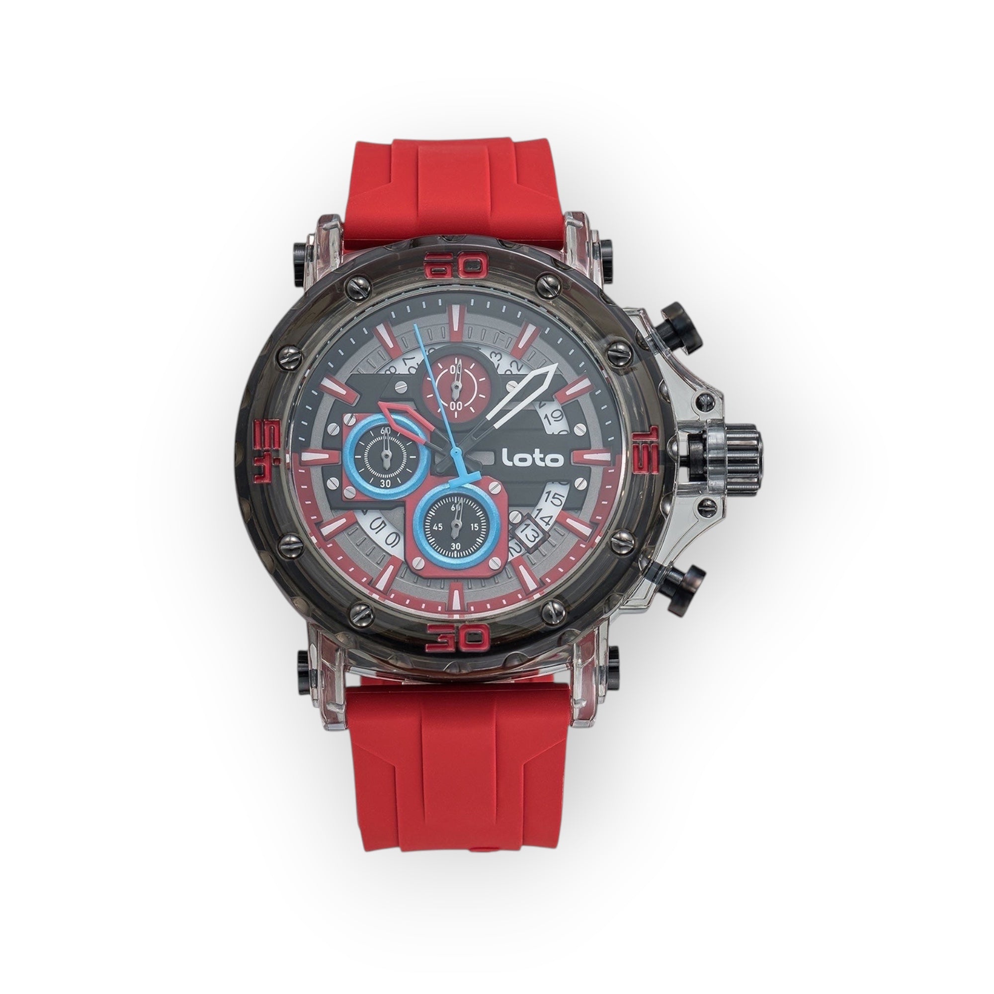 Reloj cronógrafo LOTO COMPANY Vanguard 2523 con correa de silicona roja, esfera industrial y detalles en azul y gris.