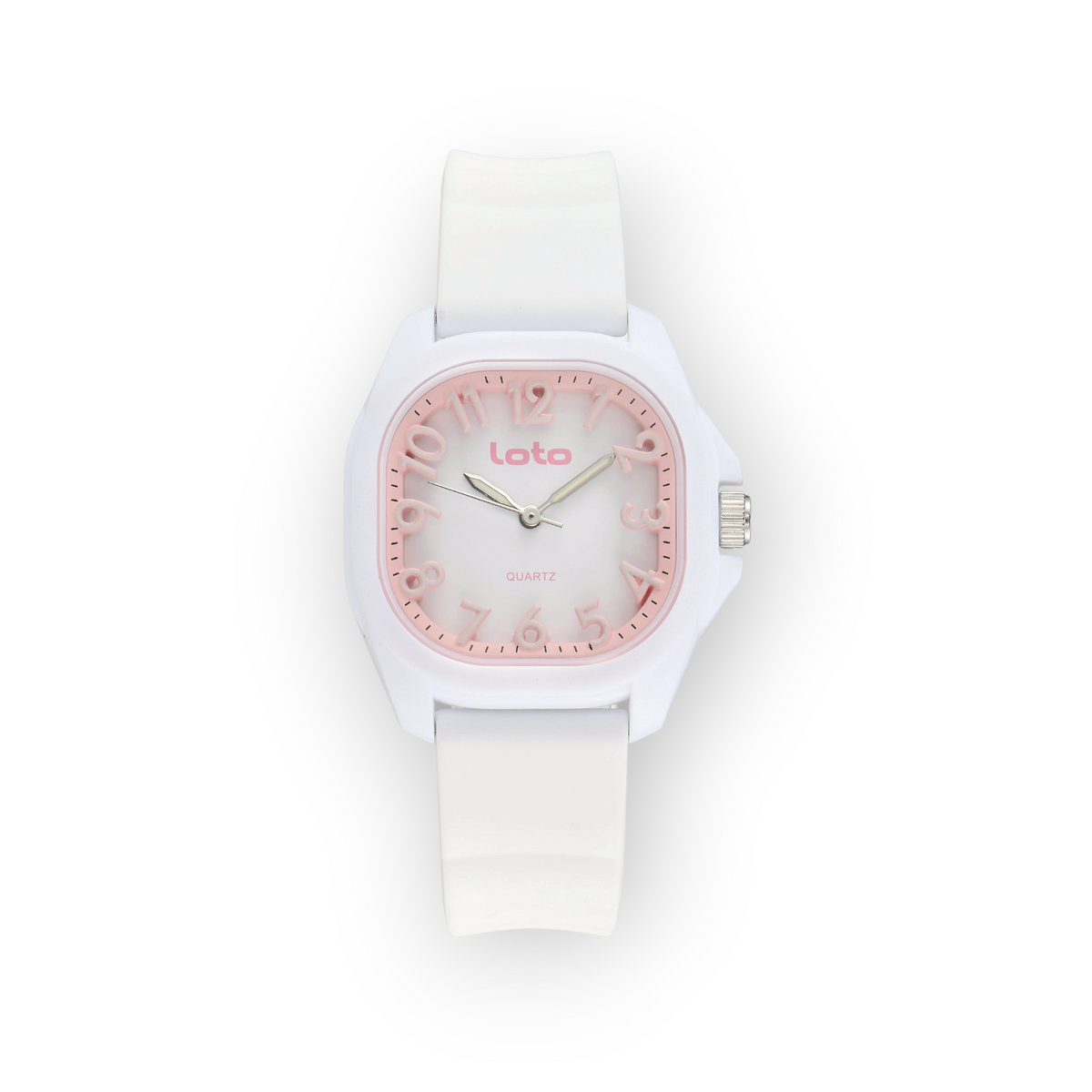 Reloj LOTO COMPANY Velqaro 2599 con correa de silicona blanca, esfera cuadrada y detalles en rosa suave