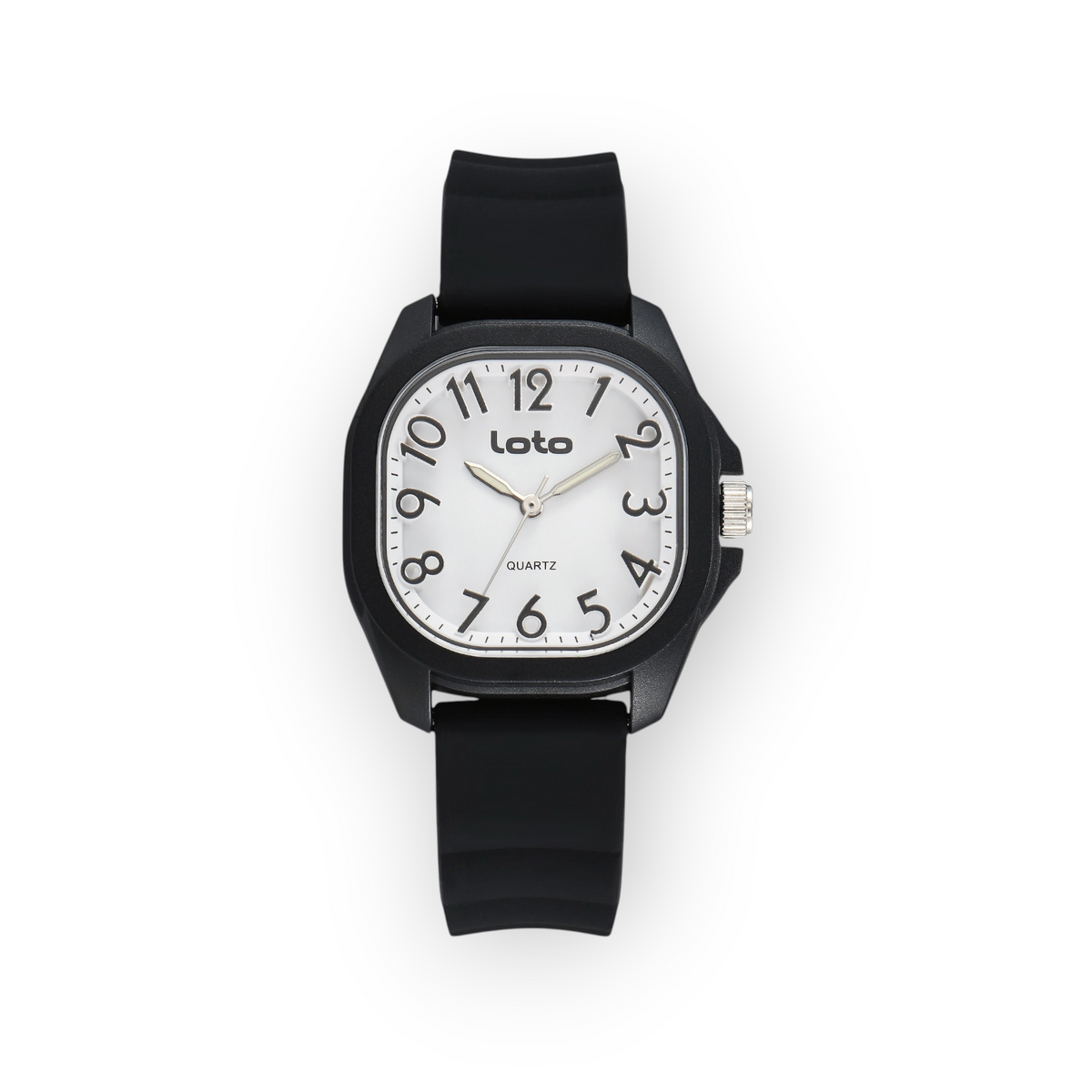 Reloj LOTO COMPANY modelo VELQARO 2599 con caja cuadrada negra, esfera blanca y correa de silicona negra