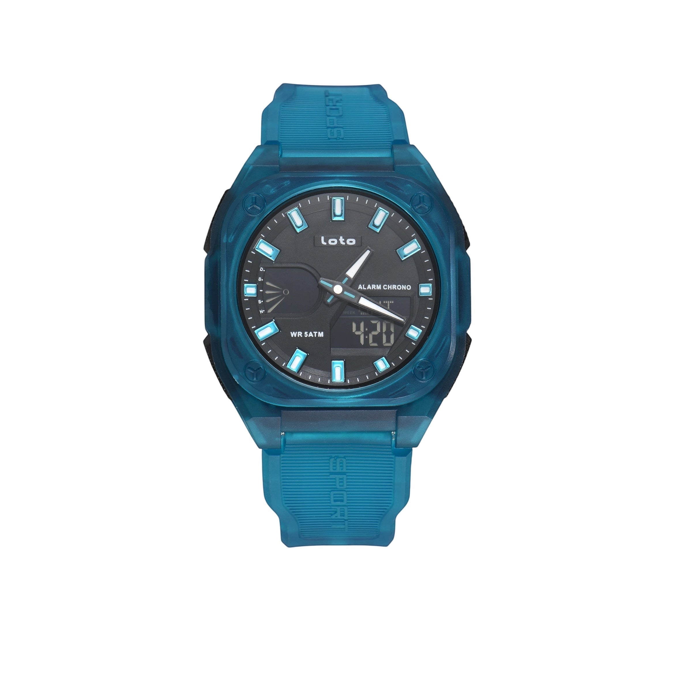 Reloj deportivo LOTO COMPANY VERTEX / 2593 analógico-digital azul translúcido con correa de silicona y resistencia 5ATM