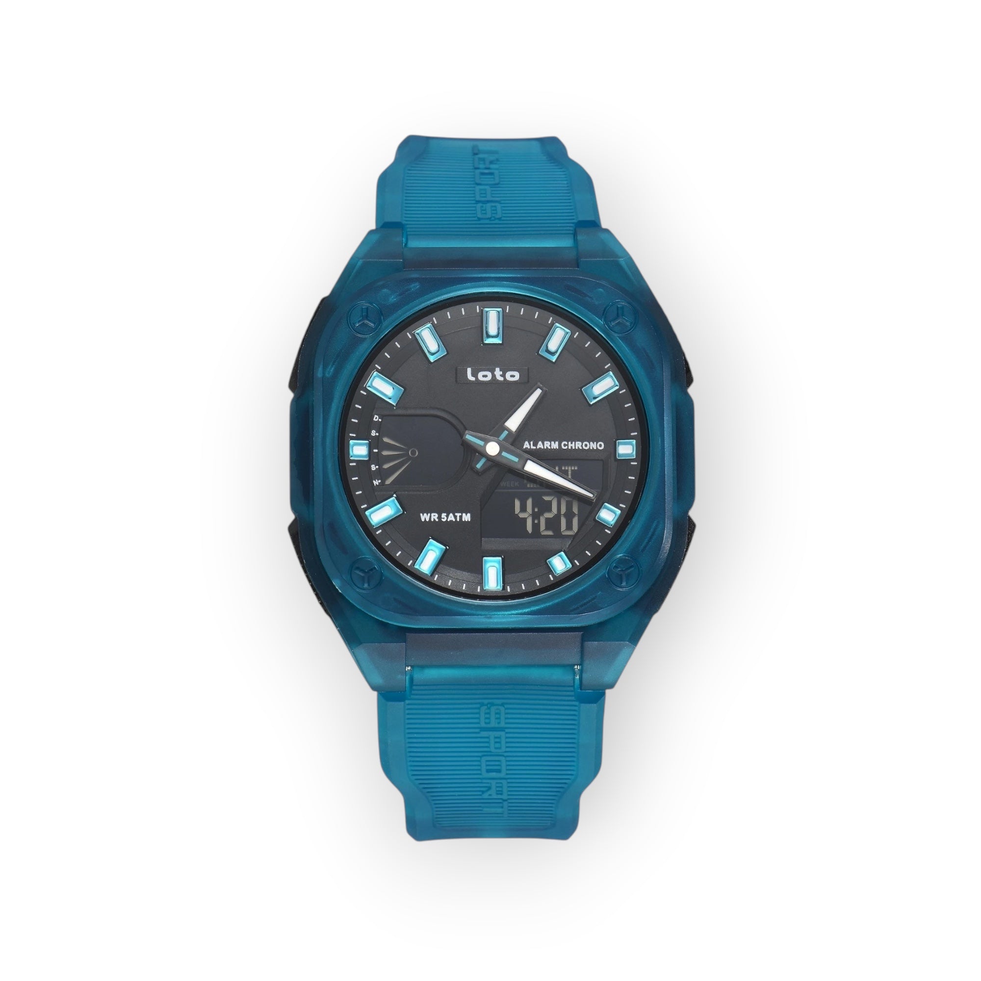 Reloj deportivo LOTO COMPANY VERTEX / 2593 analógico-digital azul translúcido con correa de silicona y resistencia 5ATM