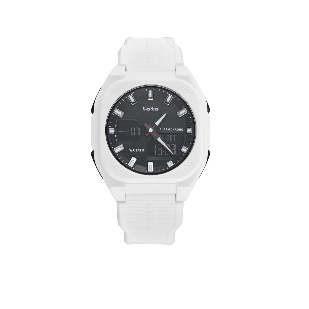 Reloj deportivo LOTO COMPANY VERTEX 2593 blanco con esfera analógica-digital, resistente al agua y correa ergonómica.