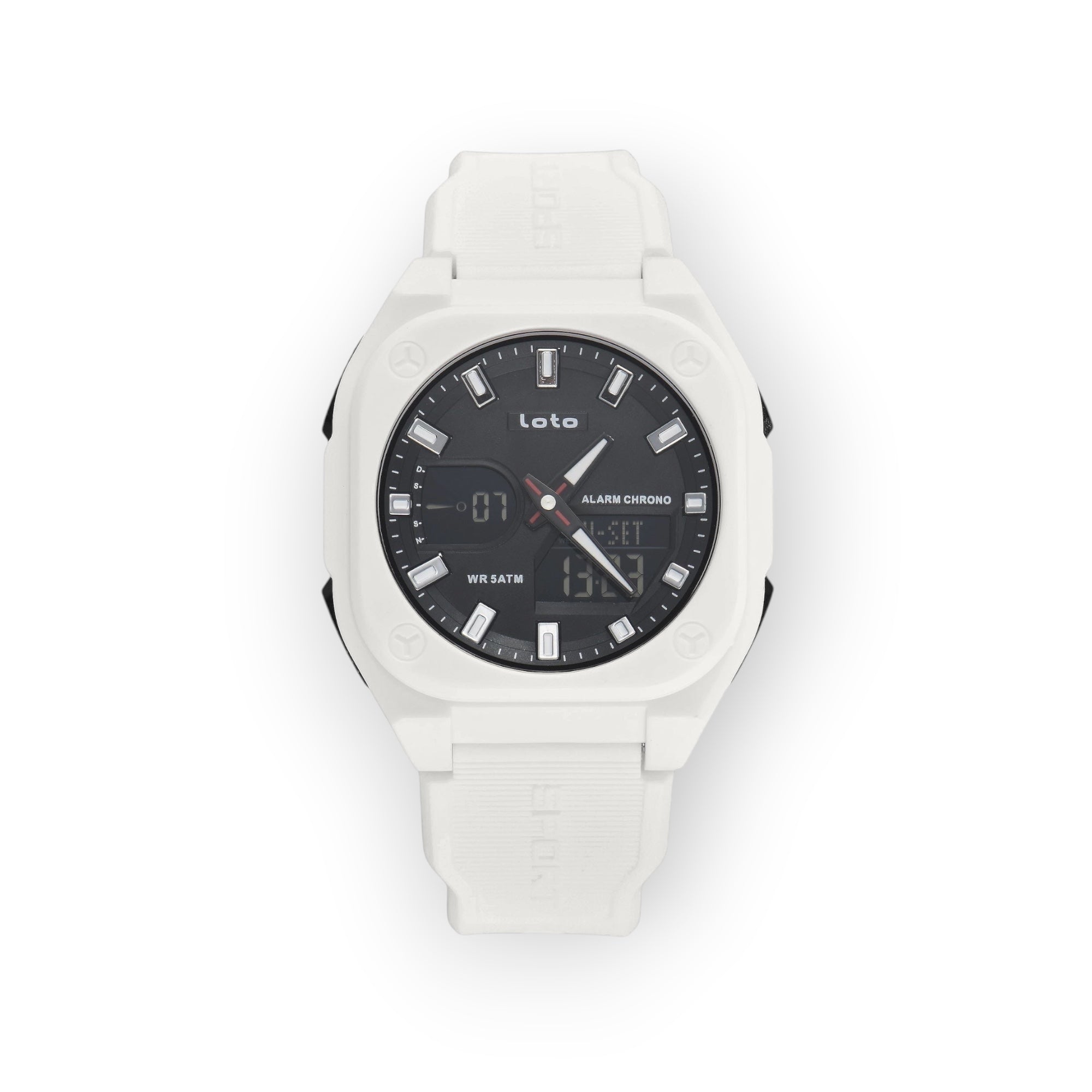 Reloj deportivo LOTO COMPANY VERTEX 2593 blanco con esfera analógica-digital, resistente al agua y correa ergonómica.