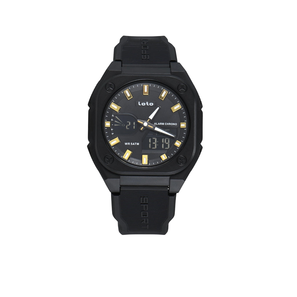 Reloj deportivo LOTO COMPANY VERTEX 2593 negro con detalles dorados, pantalla híbrida analógica-digital y correa.