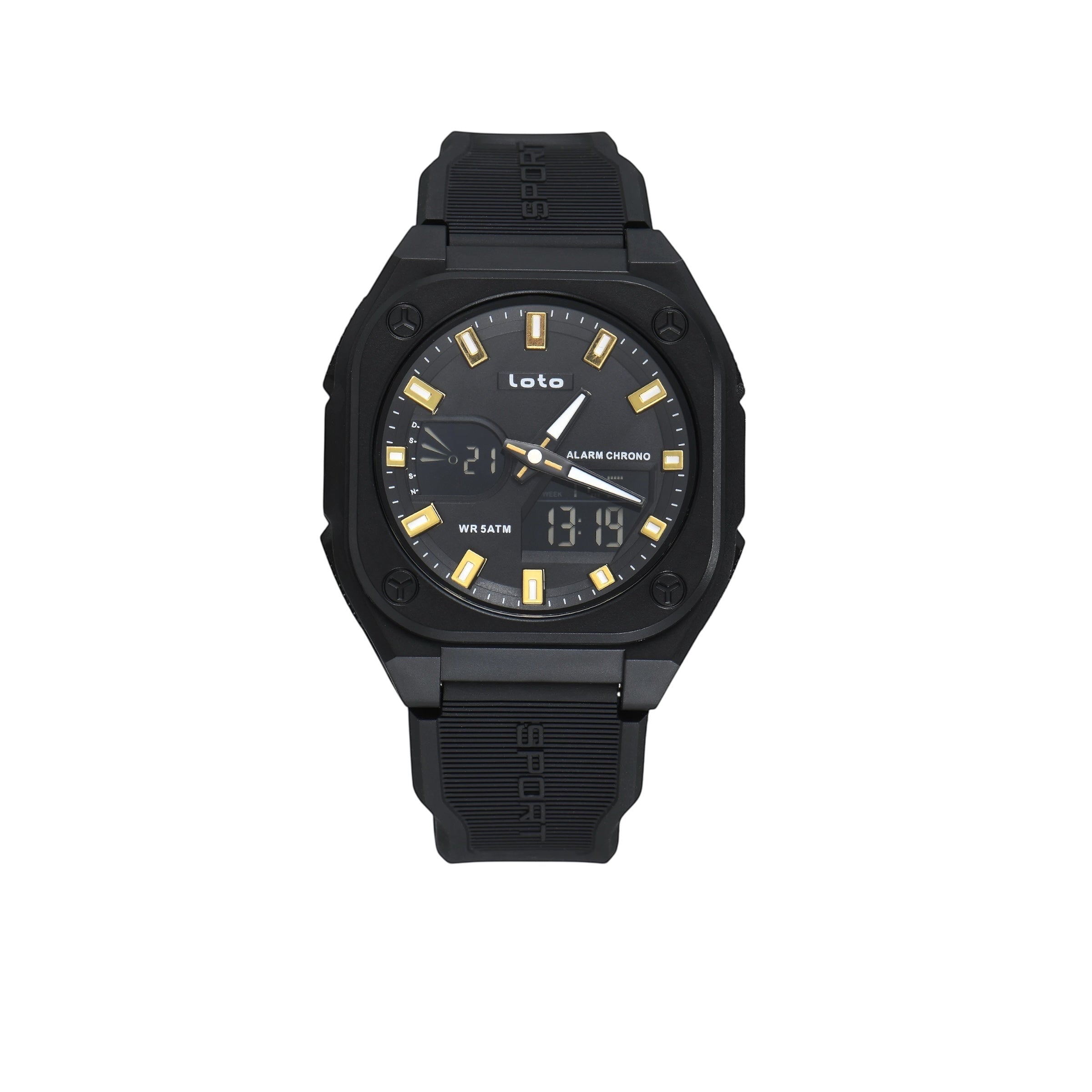 Reloj deportivo LOTO COMPANY VERTEX 2593 negro con detalles dorados, pantalla híbrida analógica-digital y correa.