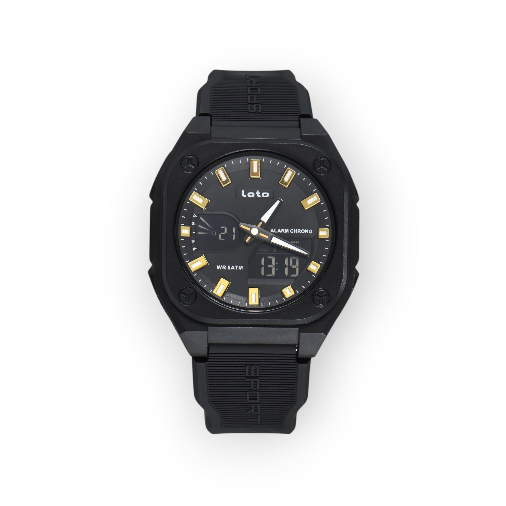 Reloj deportivo LOTO COMPANY VERTEX 2593 negro con detalles dorados, pantalla híbrida analógica-digital y correa.