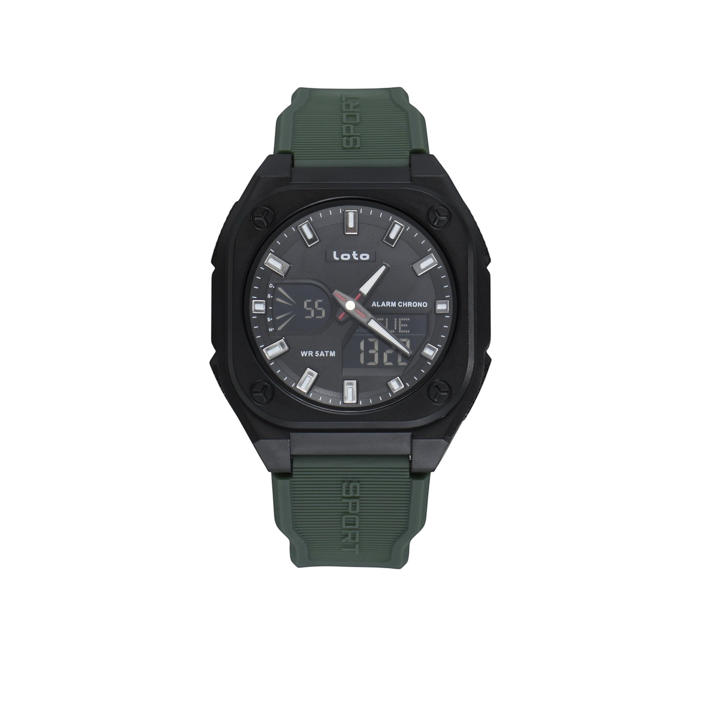 Reloj deportivo LOTO COMPANY VERTEX 2593 analógico-digital en color verde oliva y negro con correa de silicona.